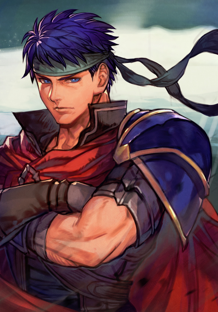 1boy armor blue_eyes blue_hair cape closed_mouth crossed_arms fire_emblem fire_emblem:_path_of_radiance fire_emblem:_radiant_dawn gloves hankuri headband ike_(fire_emblem) looking_at_viewer male_focus muscular muscular_male profile ragnell red_cape shaded_face shoulder_armor solo upper_body wind wind_lift