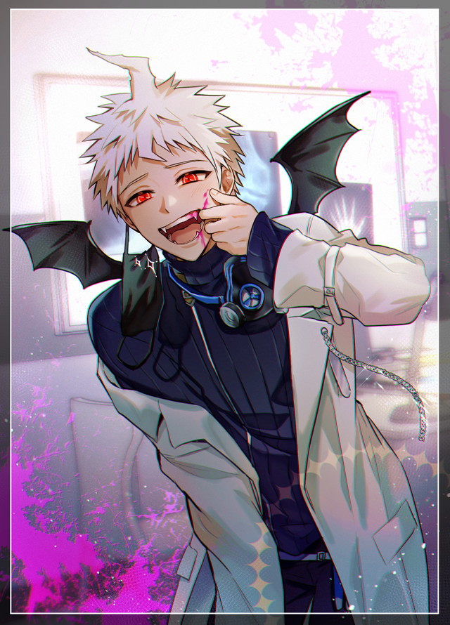 1boy ahoge alternate_costume bangs black_border black_sweater black_wings border coat dangan_ronpa_(series) dangan_ronpa_2:_goodbye_despair fangs finger_in_mouth grey_coat hinata_hajime_(awakened) leaning_forward long_sleeves male_focus mask mini_wings mouth_mask open_mouth outdoors pink_blood ppap_(11zhakdpek19) red_eyes shirt short_hair solo sweater tongue turtleneck turtleneck_sweater wings