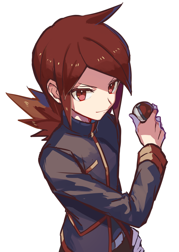 1boy belt belt_buckle brown_hair buckle closed_mouth commentary_request hand_up holding holding_poke_ball jacket long_hair long_sleeves male_focus poke_ball poke_ball_(basic) pokemon pokemon_(game) pokemon_hgss red_eyes shiny shiny_hair simple_background smile solo tpi_ri v-shaped_eyebrows white_background