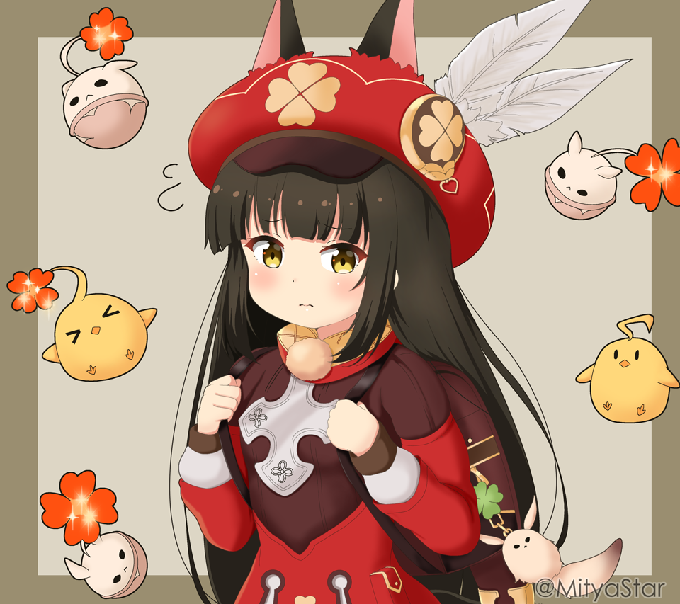 animal animal_ears azur_lane backpack bag bag_charm bangs bird black_hair blush cabbie_hat charm_(object) chick closed_mouth commentary_request cosplay dress ears_through_headwear eyebrows_visible_through_hair feathers flying_sweatdrops fox_ears genshin_impact hands_up hat hat_feather holding_strap klee_(genshin_impact) klee_(genshin_impact)_(cosplay) long_hair long_sleeves manjuu_(azur_lane) miicha nagato_(azur_lane) red_dress red_headwear twitter_username upper_body very_long_hair wavy_mouth white_feathers yellow_eyes