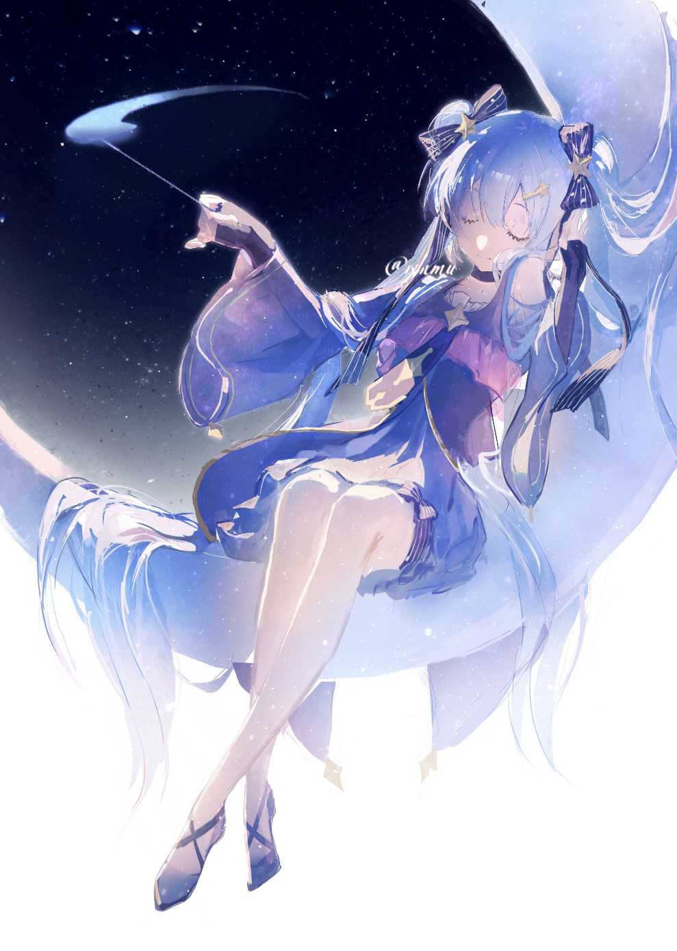 1girl bare_shoulders blue_dress blue_gloves blue_hair blue_sleeves choker closed_eyes crescent_moon crossed_legs detached_sleeves dress elbow_gloves fingerless_gloves gloves hair_ornament hair_ribbon hairclip hands_up hatsune_miku highres light_smile long_hair moon night night_sky ribbon sidelighting sitting sitting_on_moon sky solo star_(sky) star_(symbol) star_hair_ornament starry_sky striped striped_ribbon twintails twitter_username very_long_hair vocaloid wand wide_sleeves wnmuwnmu yuki_miku yuki_miku_(2017)