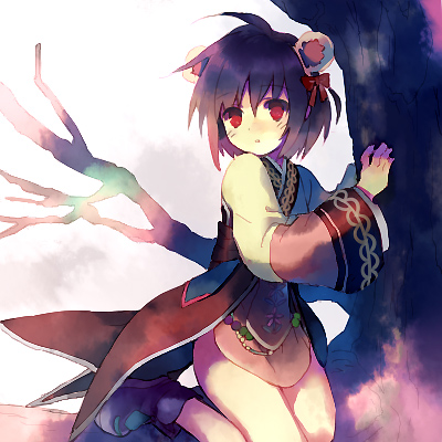 1girl animal_ears arutopian bangs bear_ears black_footwear black_hair boots bow brown_dress commentary_request dress eyebrows_visible_through_hair foot_out_of_frame hair_bow hanbok in_tree korean_clothes long_sleeves looking_at_viewer lowres open_mouth ragnarok_online red_bow red_eyes sitting sitting_in_tree solo soul_linker_(ragnarok_online) tree