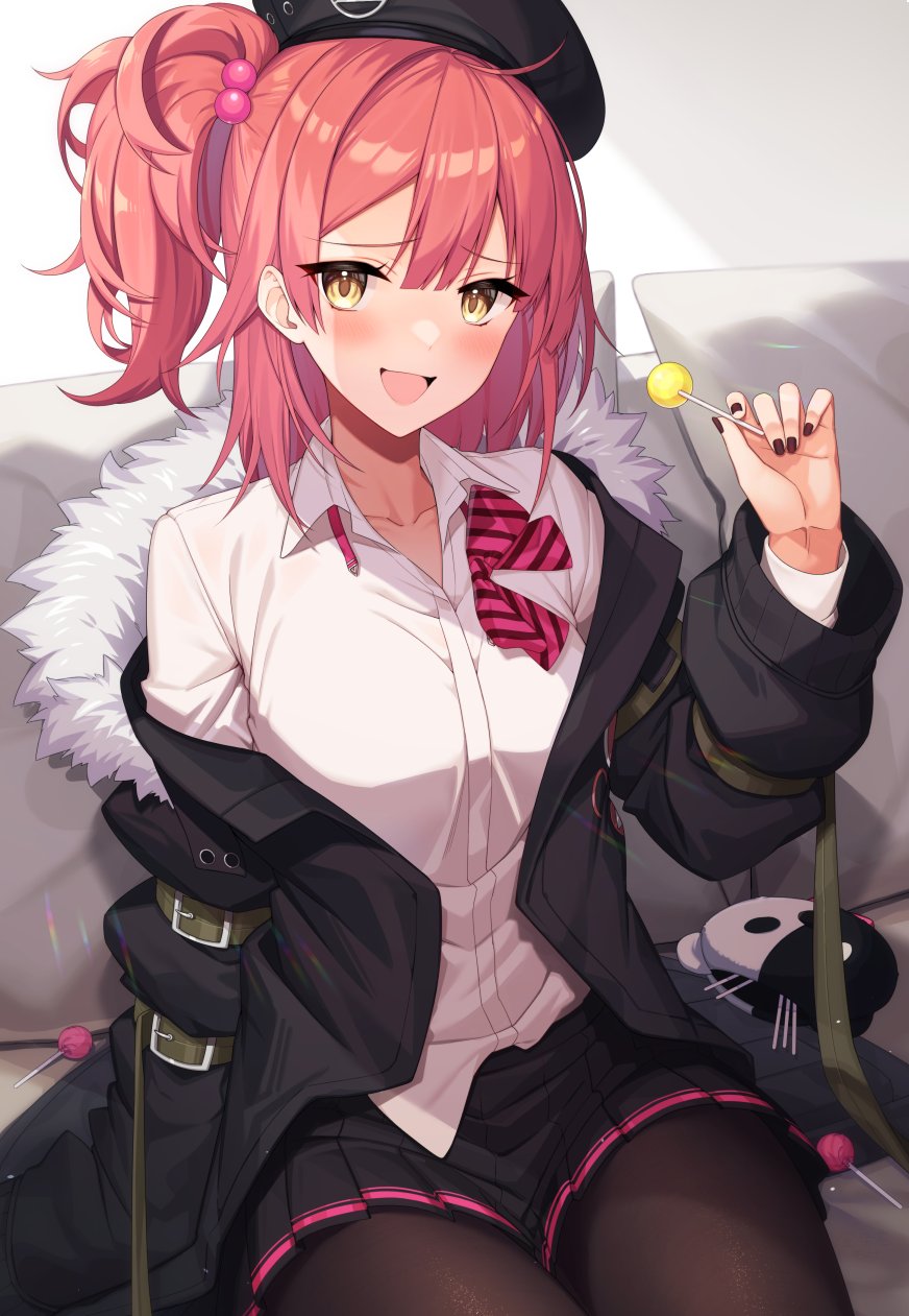 1girl beret blush breasts candy collarbone food girls_frontline hat highres kinsenka_momi lollipop medium_breasts medium_hair mp7_(girls_frontline) off_shoulder open_mouth pantyhose partially_unbuttoned pleated_skirt redhead side_ponytail skirt smile solo yellow_eyes