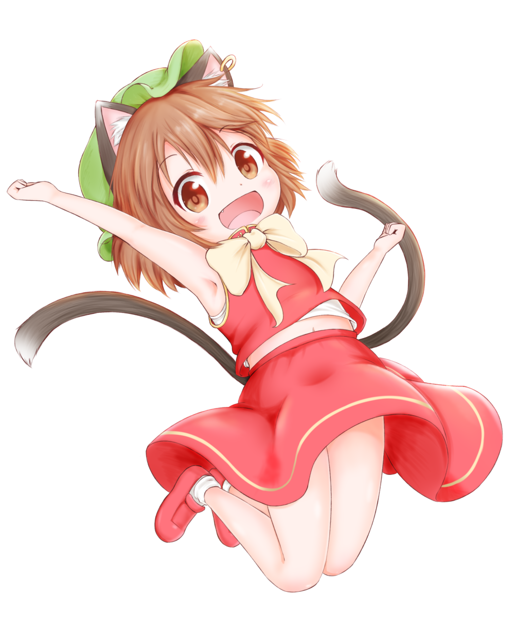 1girl :d animal_ear_fluff animal_ears arm_up armpits bow bowtie brown_eyes brown_hair cat_ears cat_tail chen fang flat_chest full_body highres jewelry jumping midriff multiple_tails navel nekomata open_mouth red_skirt red_vest short_hair simple_background single_earring skirt smile solo tail touhou two_tails uru_(uru0301) vest white_background
