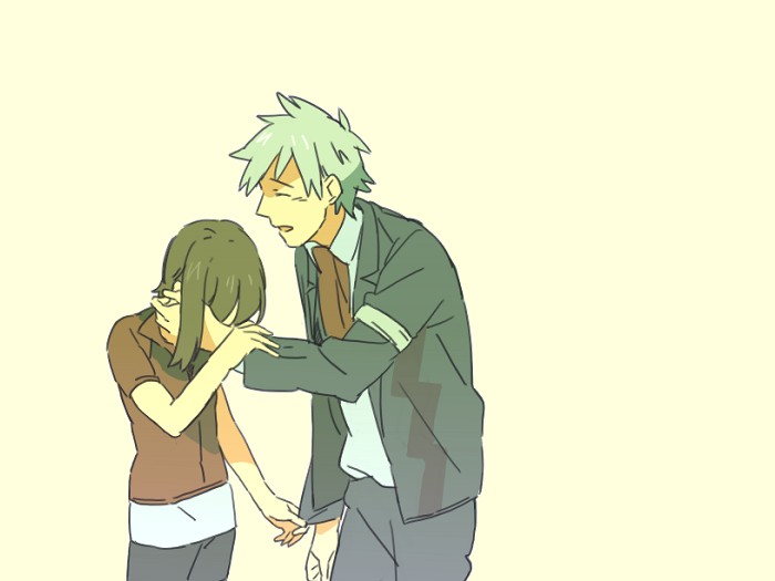 1boy 1girl brown_hair comforting hand_on_another's_cheek hand_on_another's_face hidden_eyes may_(pokemon) pokemon pokemon_(game) pokemon_rse short_hair short_hair_with_long_locks simple_background sleeve_tug slouching smile steven_stone taoru_(t_kiji) wrist_grab