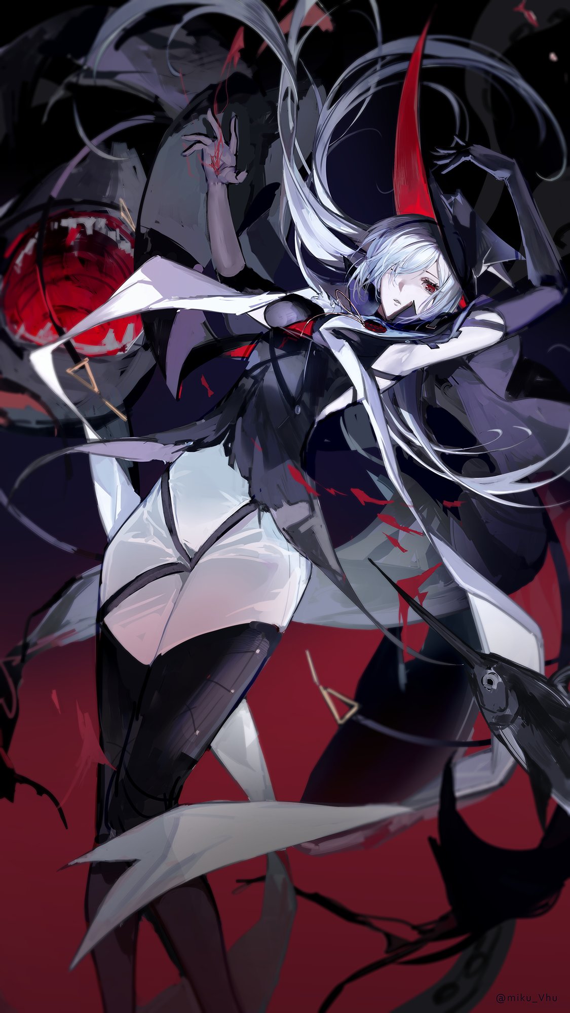 1girl arknights armpits ascot bare_shoulders black_coat black_dress black_gloves black_headwear black_legwear blood coat dress elbow_gloves feet_out_of_frame gladiia_(arknights) gloves hat highres looking_at_viewer pants pointy_ears red_eyes shark silver_hair swordfish thigh-highs tight tight_pants vhumiku white_neckwear white_pants