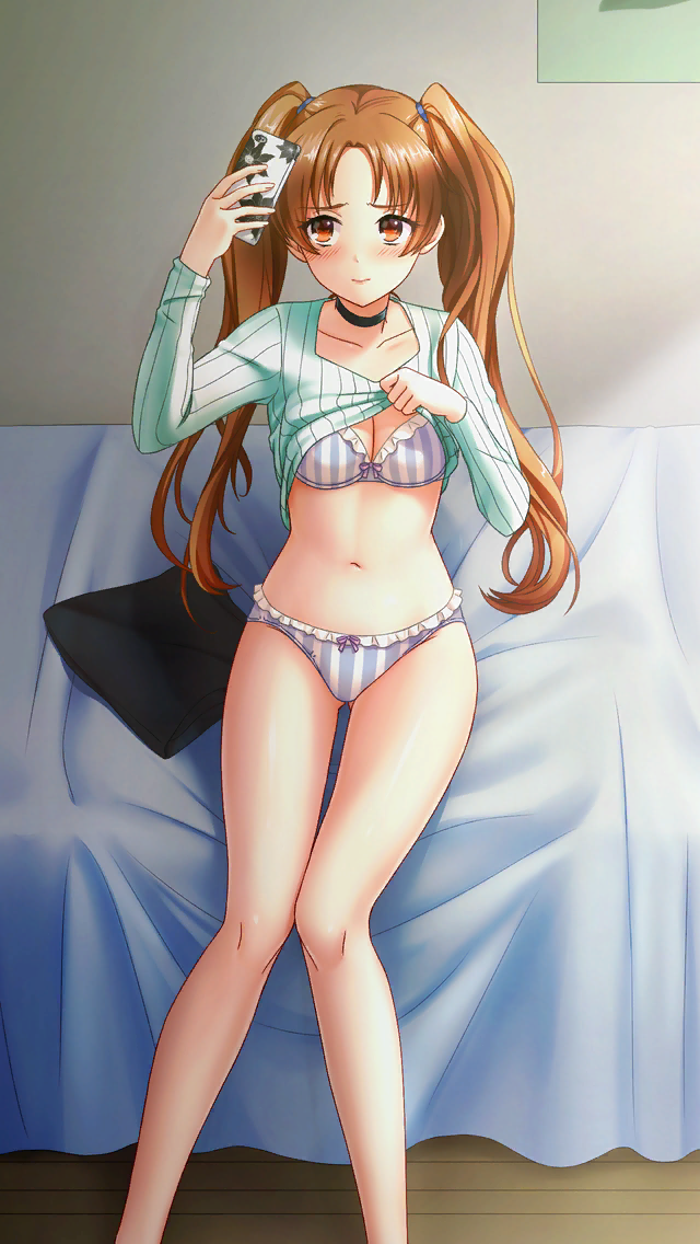 1girl aqua_sweater ass_visible_through_thighs bed_sheet bedroom black_choker blush bra brown_hair cellphone choker clothes_lift collarbone doukyuusei_another_world embarrassed frilled_bra frilled_panties frills game_cg holding holding_phone indoors kakyuusei kanou_ryouko lifted_by_self long_hair long_sleeves official_art panties phone red_eyes ribbed_sweater selfie shiny shiny_hair sitting smartphone solo striped sweater sweater_lift thigh_gap twintails underwear underwear_only vertical-striped_bra vertical-striped_panties vertical_stripes very_long_hair
