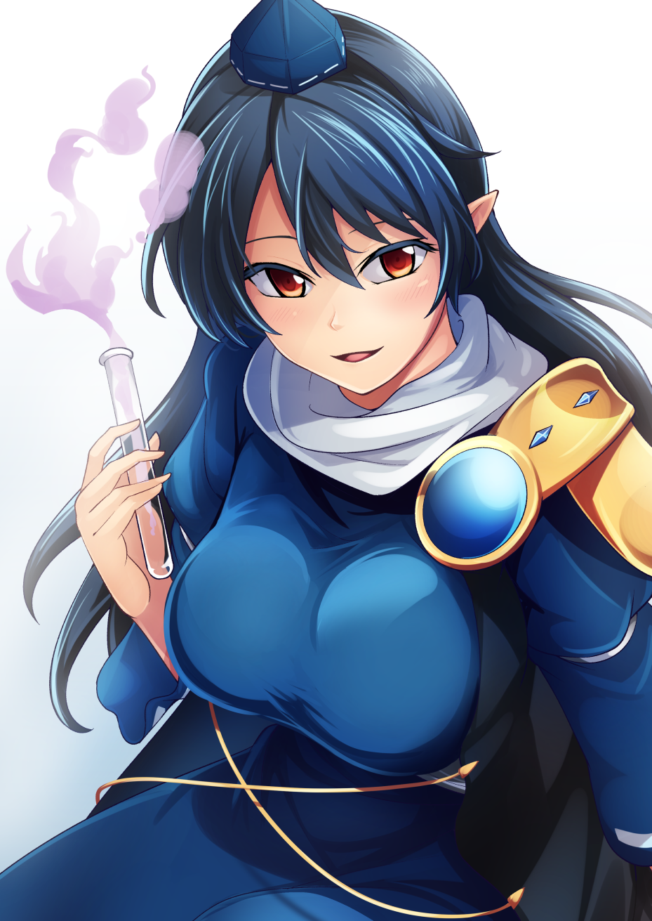 ashiroku_(miracle_hinacle) black_hair blue_dress breasts cowboy_shot dress eyebrows_behind_hair from_above glint gold hair_between_eyes hat highres iizunamaru_megumu large_breasts long_hair looking_at_viewer orange_eyes pointy_ears potion pursed_lips shoulder_guard sitting smile smoke taut_clothes taut_dress test_tube tokin_hat touhou unconnected_marketeers wide_sleeves