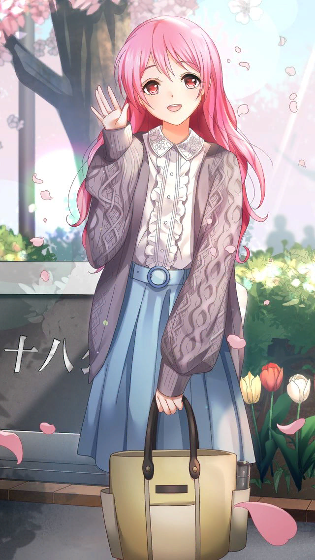 1girl :d bag bangs blue_skirt cardigan cherry_blossoms collared_shirt day doukyuusei_2 doukyuusei_another_world dress_shirt eyebrows_visible_through_hair flower game_cg grey_cardigan hair_between_eyes hair_down holding holding_bag katou_minori long_hair long_sleeves medium_skirt no_eyewear official_art open_cardigan open_clothes open_mouth outdoors pink_hair pleated_skirt red_eyes red_flower shiny shiny_hair shirt skirt sleeves_past_wrists smile solo standing straight_hair tulip very_long_hair white_flower white_shirt wing_collar yellow_flower
