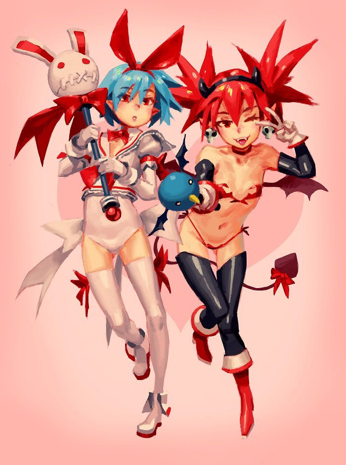 2girls bat_wings blue_hair choker closed_mouth demon_girl demon_tail demon_wings disgaea doyora earrings elbow_gloves etna flat_chest gloves hair_ribbon hairband jewelry looking_at_viewer multiple_girls navel open_mouth pleinair pointy_ears red_eyes redhead ribbon short_hair simple_background skull_earrings smile tail thigh-highs twintails white_legwear wings