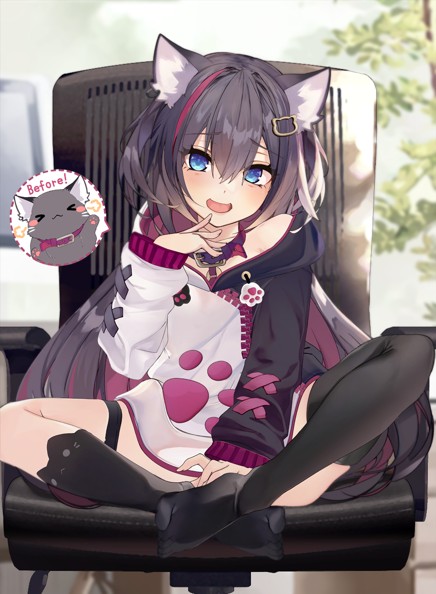 1girl :d animal_collar animal_ear_fluff animal_ear_legwear animal_ears asymmetrical_legwear between_legs black_hair black_hoodie black_legwear blue_eyes blurry cat_ear_legwear cat_ears cat_girl cat_hair_ornament chair collar depth_of_field feet finger_to_mouth full_body hair_ornament hand_between_legs hood hood_down hoodie indian_style long_hair long_sleeves monitor multicolored multicolored_hair multicolored_hoodie naked_hoodie office_chair open_mouth original paw_print plant purple_hair purple_hoodie redhead shirokitsune single_thighhigh sitting smile streaked_hair thigh-highs very_long_hair white_hoodie