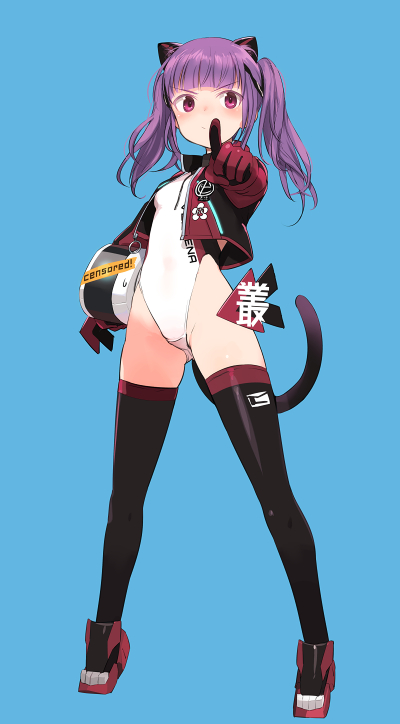 1girl alice_gear_aegis animal_ears black_legwear blue_background breasts cat_ears cat_tail commentary_request cropped_jacket gloves helmet highleg highleg_leotard ichijou_ayaka jacket leotard long_hair motorcycle_helmet pointing purple_gloves purple_jacket red_eyes shimada_fumikane small_breasts solo standing tail thigh-highs twintails white_leotard