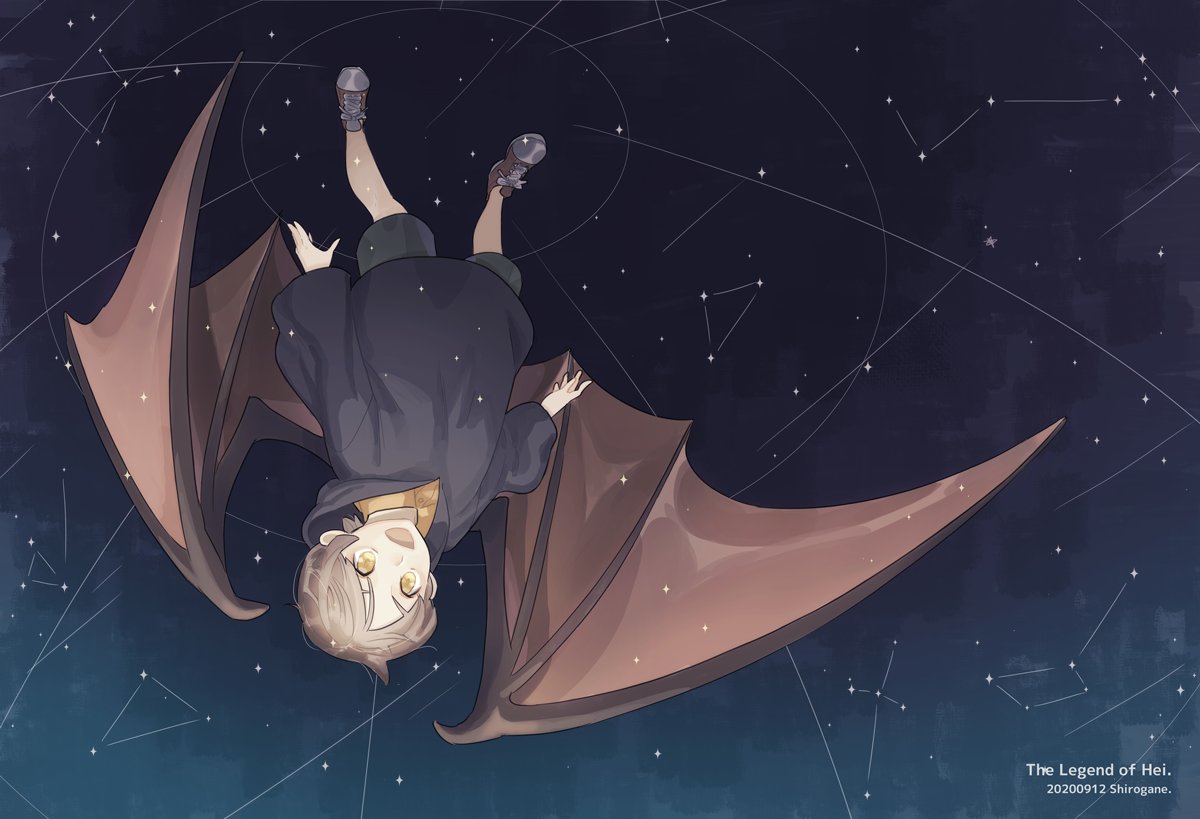 black_hoodie black_shorts character_request commentary_request constellation copyright_name gender_request hood hood_down hoodie long_sleeves open_mouth shirogane750 shorts smile solo star_(sky) the_legend_of_luo_xiaohei upside-down wings yellow_eyes