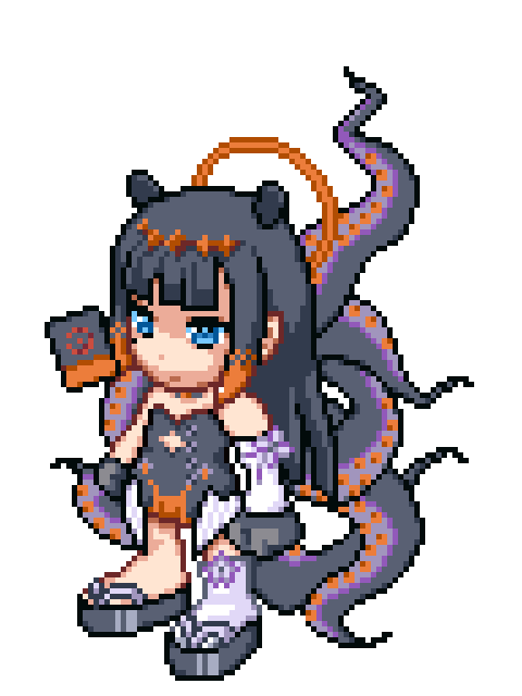 1girl ao-chan_(ninomae_ina'nis) bangs black_footwear black_gloves blue_eyes book chibi clenched_hands dekoponarms detached_sleeves gloves hair_behind_ear hololive hololive_english mole mole_under_eye ninomae_ina'nis parody pixel_art pointy_ears sandals single_detached_sleeve single_thighhigh solo style_parody summon_night tentacle_hair tentacles thigh-highs transparent_background virtual_youtuber