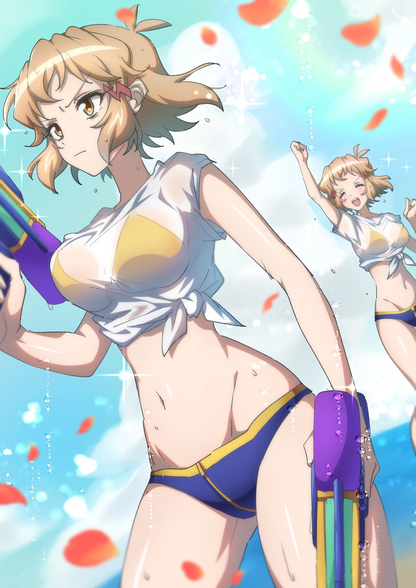 2girls arm_up bikini blonde_hair blush breasts closed_mouth groin hair_ornament hairclip highres large_breasts multicolored multicolored_bikini multicolored_clothes multiple_girls navel open_mouth outdoors see-through senki_zesshou_symphogear shiny shiny_hair short_hair smile swimsuit tachibana_hibiki_(symphogear) water_gun wet wet_clothes yellow_eyes yukitsuba_hina