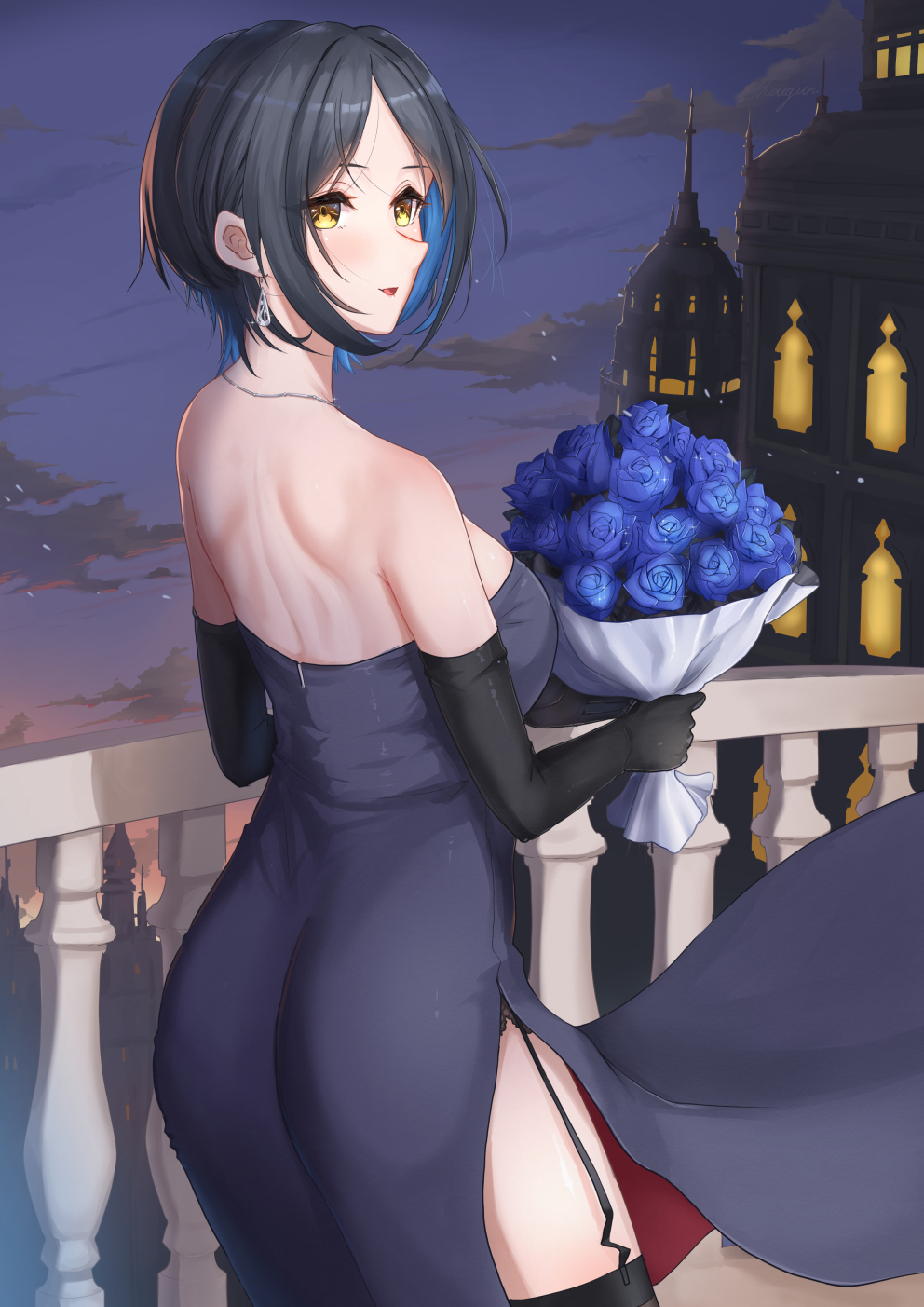 1girl balcony bangs bare_shoulders black_dress black_gloves black_hair black_legwear blue_flower blue_rose bouquet breasts castle clouds cloudy_sky dress earrings elbow_gloves flower garter_straps gloves hayami_kanade highres idolmaster idolmaster_cinderella_girls jewelry large_breasts looking_at_viewer parted_bangs rose short_hair shougun_(chuckni1) side_slit sky solo thigh-highs twilight yellow_eyes