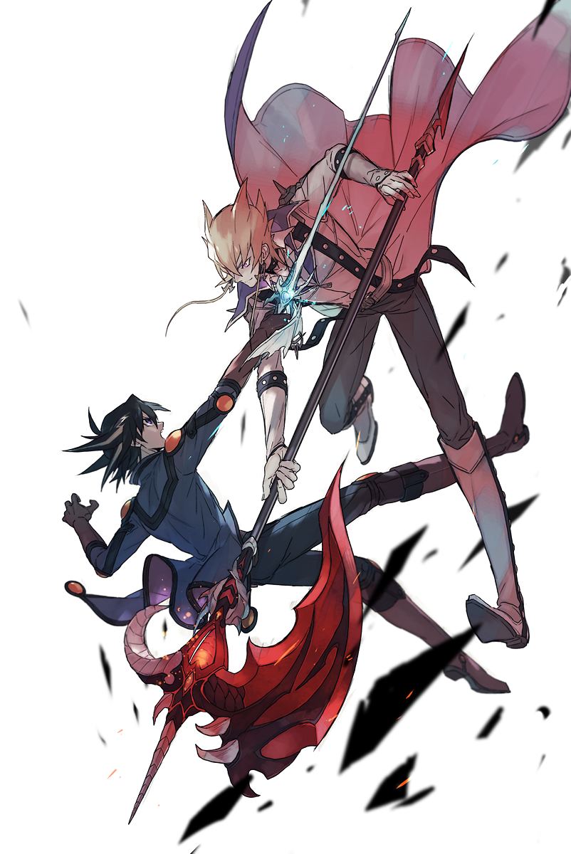 2boys black_hair blonde_hair blue_jacket boots brown_footwear duel earrings ebira falling fudou_yuusei gloves highres holding holding_polearm holding_sword holding_weapon jack_atlas jacket jewelry male_focus multiple_boys open_clothes open_jacket pants pink_eyes polearm red_dragon_archfiend short_hair spiky_hair stardust_dragon sword weapon white_background white_footwear white_jacket yu-gi-oh! yu-gi-oh!_5d's
