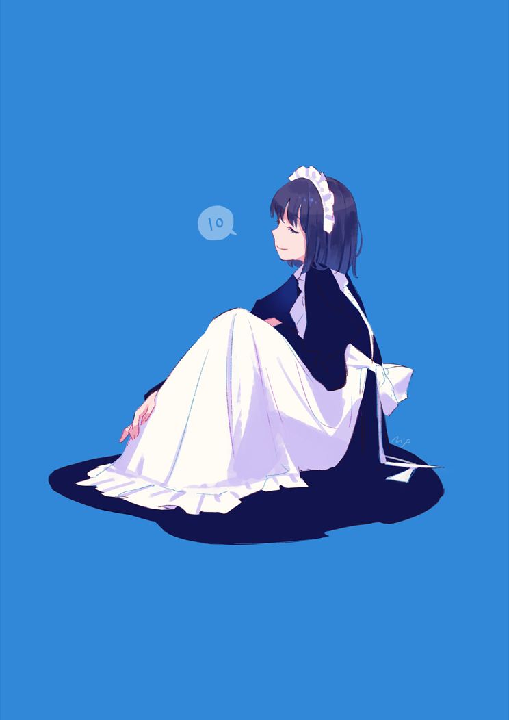 1girl apron arm_rest bangs black_dress black_hair blending blue_background blue_theme blunt_bangs bob_cut closed_eyes closed_mouth countdown dress frilled_apron frills from_side full_body hairband hand_up knees_up limited_palette long_dress long_sleeves maeya_susumu maid maid-san_wa_taberu_dake maid_apron profile short_hair signature simple_background sitting smile solo speech_bubble spoken_number suzume_(maid-san_wa_taberu_dake) u_u white_apron white_hairband