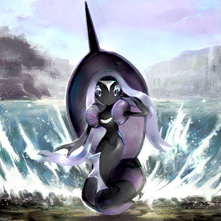 byte_(grunty-hag1) clouds commentary_request day floating_hair gen_7_pokemon grey_eyes legendary_pokemon long_hair looking_at_viewer no_humans outdoors pokemon pokemon_(creature) purple_hair sky solo tapu_fini water
