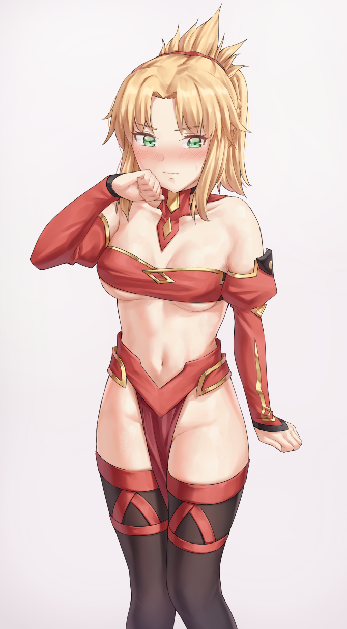 1girl arm_at_side bandeau bangs bare_shoulders black_legwear blonde_hair blush braid breasts collarbone commentary_request detached_sleeves eyebrows_visible_through_hair fate/grand_order fate_(series) feet_out_of_frame green_eyes groin hand_on_own_cheek hand_on_own_face hand_up highres juliet_sleeves long_sleeves looking_at_viewer midriff mordred_(fate) mordred_(fate)_(all) navel no_panties parted_bangs pelvic_curtain ponytail puffy_sleeves red_scrunchie sarhce scrunchie simple_background skindentation solo standing strapless thigh-highs