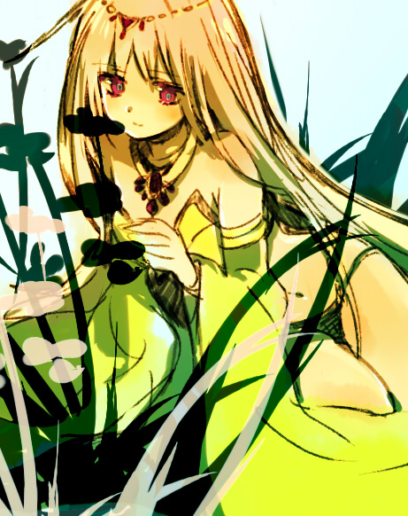 1girl arutopian bangs bikini closed_mouth commentary_request cowboy_shot detached_sleeves eyebrows_visible_through_hair flower gem grass gypsy_(ragnarok_online) jewelry long_hair looking_at_viewer navel necklace ragnarok_online red_eyes simple_background solo strapless strapless_bikini swimsuit white_background white_hair yellow_bikini yellow_sleeves