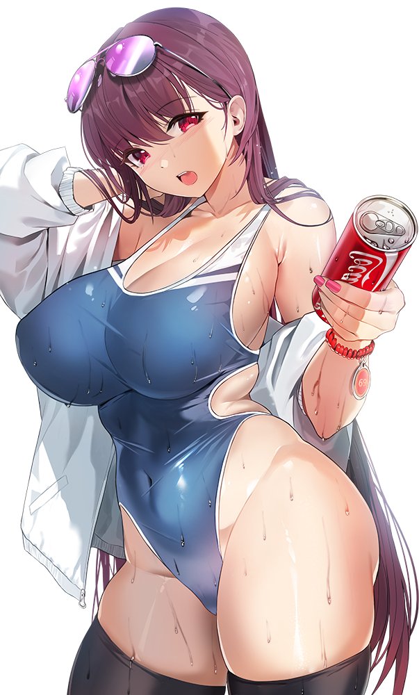 1girl bangs bead_bracelet beads black_legwear blue_swimsuit bracelet breasts can coca-cola covered_navel damda eyebrows_visible_through_hair eyewear_on_head fate/grand_order fate_(series) holding holding_can jewelry large_breasts long_hair looking_at_viewer one-piece_swimsuit red_eyes scathach_(fate) scathach_(fate)_(all) simple_background solo sunglasses swimsuit thigh-highs thighs wet wet_hair white_background