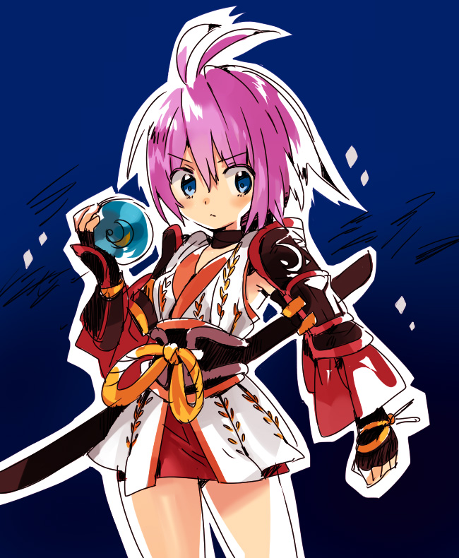 1girl armor arutopian bangs black_gloves blue_eyes closed_mouth commentary_request cowboy_shot eyebrows_visible_through_hair fingerless_gloves gloves hair_between_eyes holding japanese_armor japanese_clothes kimono looking_to_the_side oboro_(ragnarok_online) pink_hair ragnarok_online short_hair sleeveless sleeveless_kimono solo white_kimono