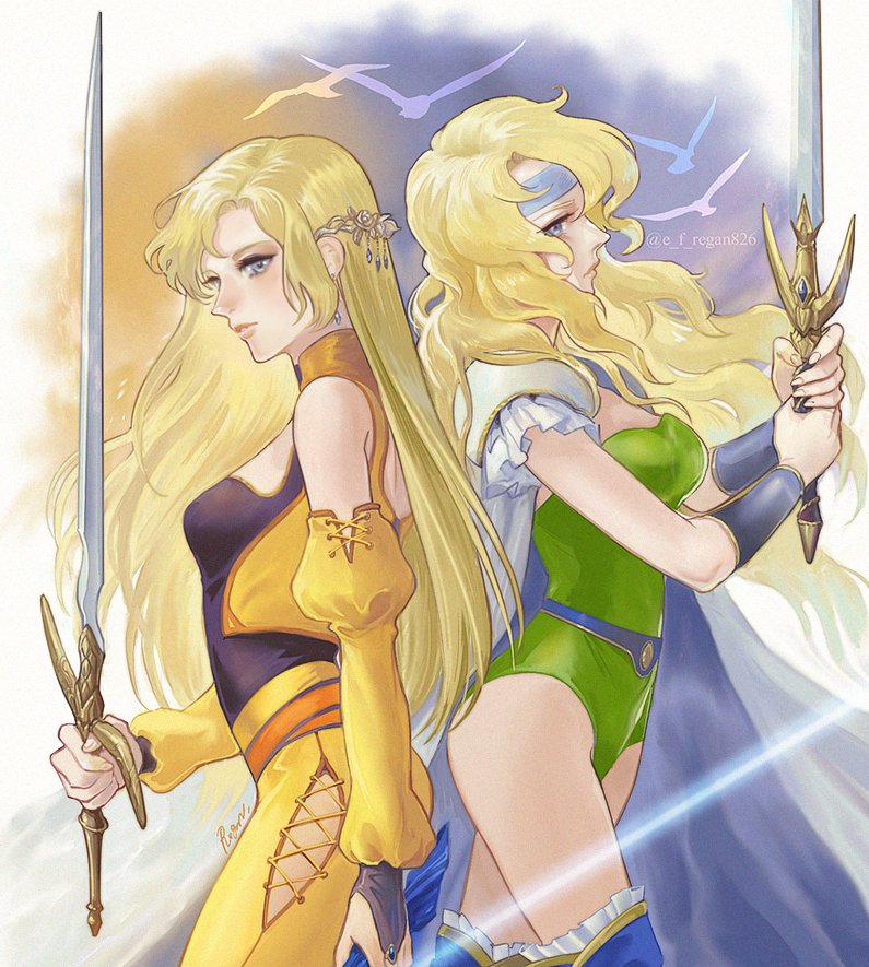 2girls alternate_costume armor back-to-back blonde_hair blue_eyes blue_headband cape celes_chere closed_mouth dual_persona earrings final_fantasy final_fantasy_vi hair_ornament headband holding holding_sword holding_weapon jewelry leotard multiple_girls pants regan_(hatsumi) shoulder_armor strapless strapless_leotard sword thighs vest weapon white_cape yellow_pants yellow_vest