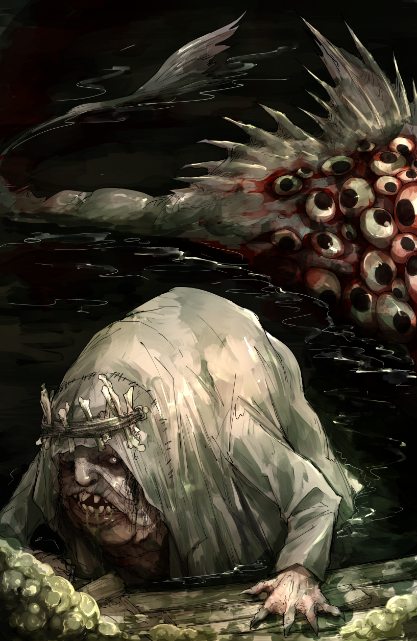 1boy bangs colored_skin commentary_request creature crown eyes fish fishman glowing glowing_eye grey_skin highres kan_(aaaaari35) looking_at_viewer open_mouth resident_evil resident_evil_village robe saliva salvatore_moreau sharp_teeth teeth ugly_man water