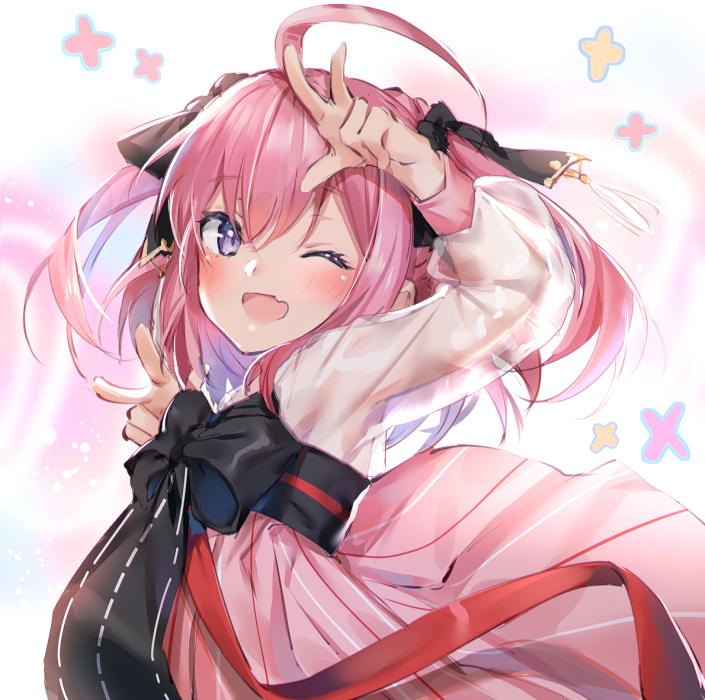 1girl ahoge alternate_costume azur_lane black_ribbon blush bow double_v douya_(233) eyebrows_visible_through_hair fang hair_ribbon hanbok korean_clothes looking_at_viewer one_eye_closed open_mouth pink_hair ribbon saratoga_(azur_lane) saratoga_(hibiscus-scented_idol)_(azur_lane) sidelocks skin_fang smile solo two_side_up upper_body v violet_eyes