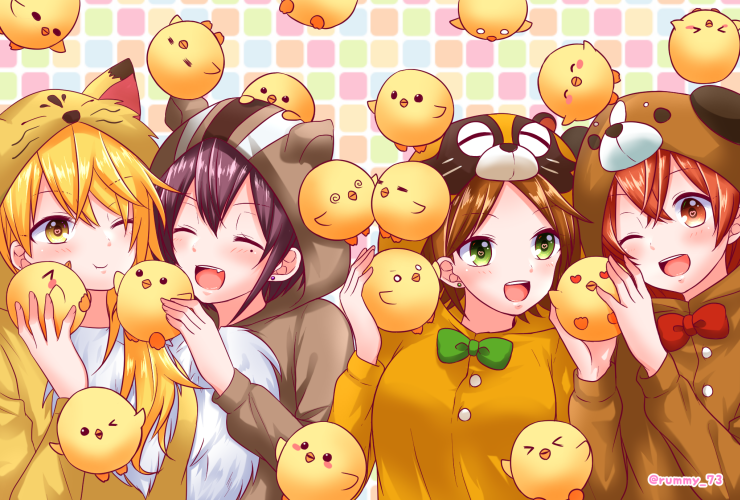 4girls aho_no_sakata animal_costume bird blonde_hair brown_hair chick closed_eyes dog_costume fox_costume green_eyes long_hair looking_at_viewer multiple_girls niconico open_mouth purple_hair red_eyes redhead rummy_73 sakako_(aho_no_sakata) senko_(urashimasakatasen) senra_(singer) shima_(niconico) shimako_(urashimasakatasen) short_hair simple_background smile squirrel_costume tanuki_costume twintails urako_(uratanuki) urashimasakatasen uratanuki utaite_(singer) yamadanuki yellow_eyes