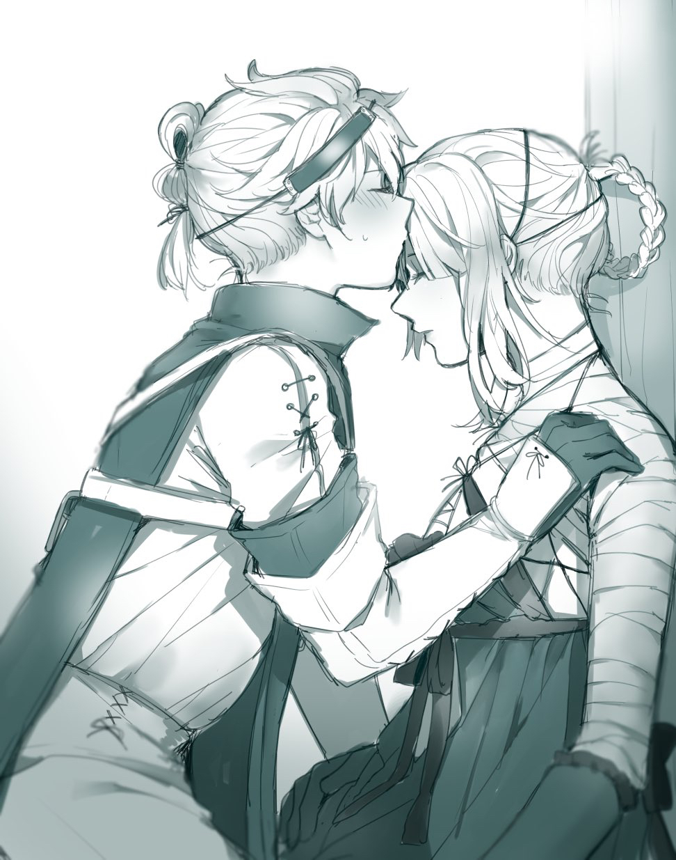 1boy 1girl bandaged_arm bandages blush braid closed_eyes forehead_kiss from_side funa2001 hair_ornament highres kaine_(nier) kiss monochrome nier nier_(series) nier_(young) sweatdrop upper_body