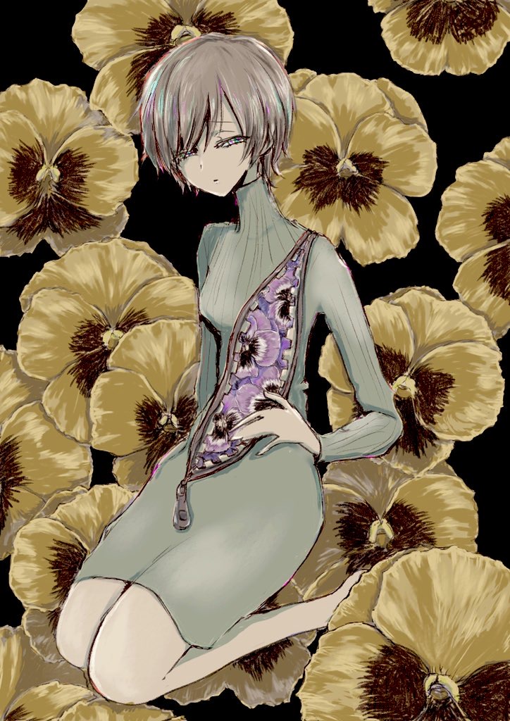 1girl bangs barefoot black_background brown_hair check_commentary commentary_request dress flower halnaga_oyogu hand_on_hip horror_(theme) long_neck looking_at_viewer original pansy short_hair sitting solo sweater sweater_dress zipper