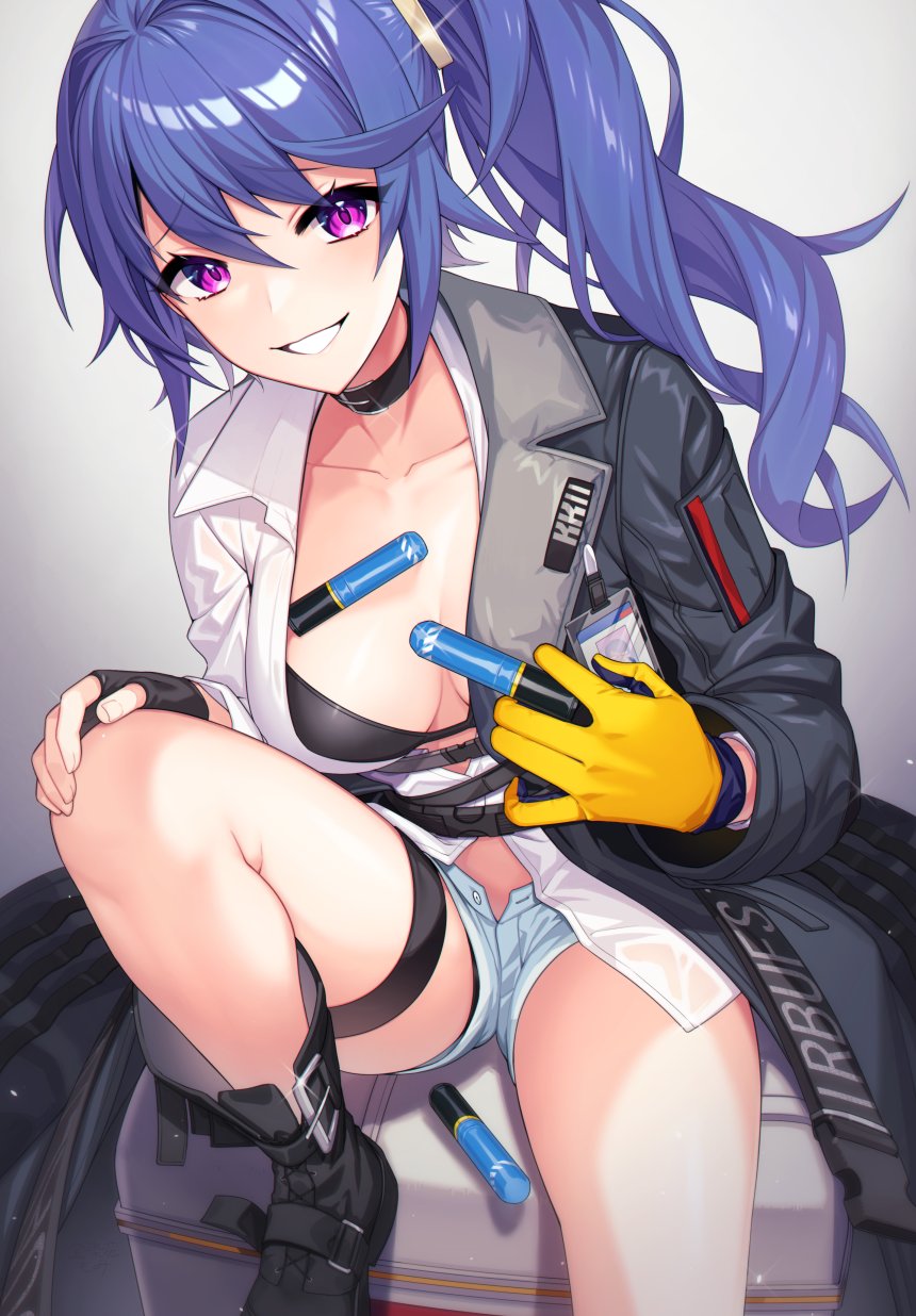 1girl bangs black_bra black_footwear black_jacket blue_hair blue_shorts boots bra breasts collarbone denim denim_shorts eyebrows_visible_through_hair girls_frontline gloves grin highres jacket k11_(girls_frontline) kinsenka_momi large_breasts long_hair long_sleeves micro_shorts open_clothes open_fly open_jacket partially_unbuttoned shirt short_shorts shorts side_ponytail sitting smile solo thigh_strap underwear violet_eyes white_shirt yellow_gloves