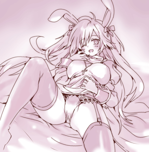 1girl ;d animal_ears arutopian bangs blush bow breasts clothes_lift commentary_request cross cross_necklace dress dress_lift eyebrows_visible_through_hair feet_out_of_frame garter_straps hair_bow high_priest_(ragnarok_online) jewelry juliet_sleeves large_breasts long_hair long_sleeves looking_at_viewer monochrome necklace one_eye_closed open_mouth panties pink_theme puffy_sleeves rabbit_ears ragnarok_online smile solo thigh-highs underwear very_long_hair