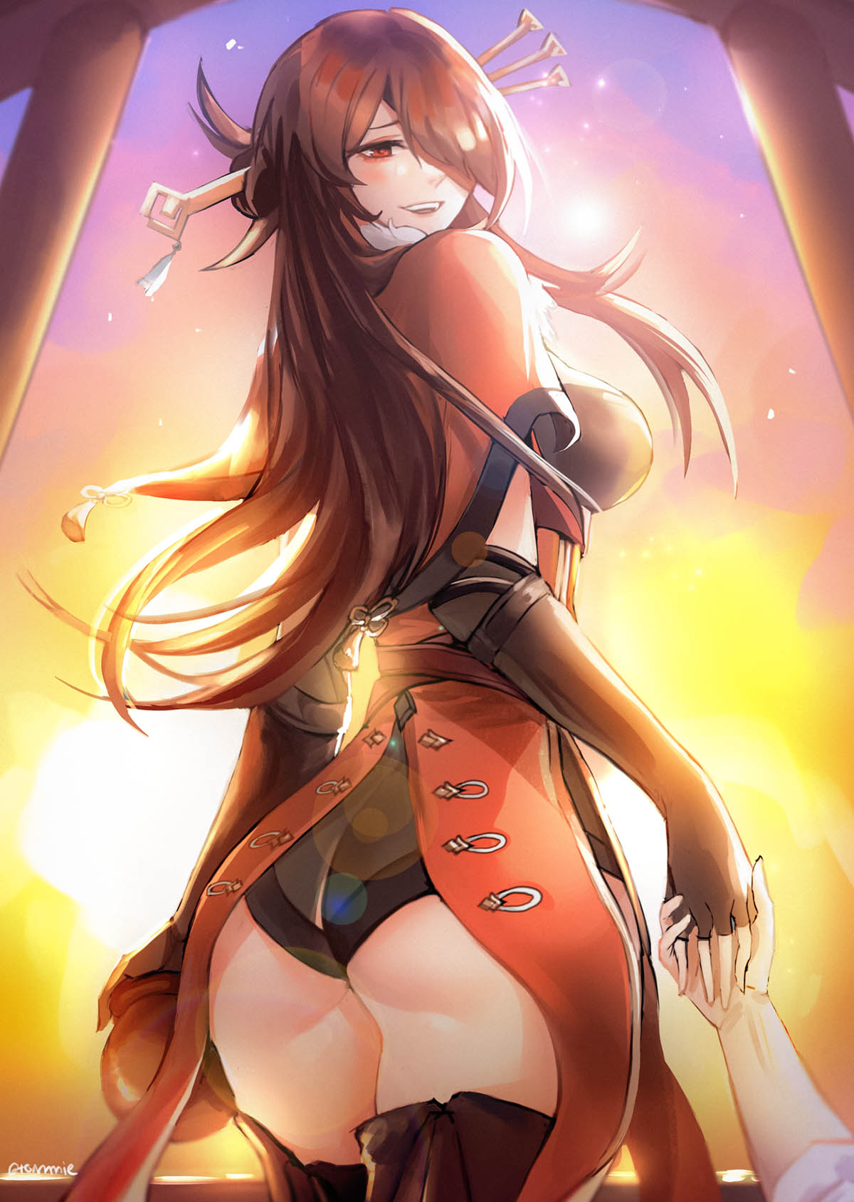 1girl ass beidou_(genshin_impact) blush brown_hair capelet chinese_clothes eyepatch fingerless_gloves from_behind genshin_impact gloves hair_ornament hair_over_one_eye hair_stick hairpin highres holding_hands long_hair one_eye_covered open_mouth red_eyepatch red_eyes smile thighs tommy_(kingdukeee)