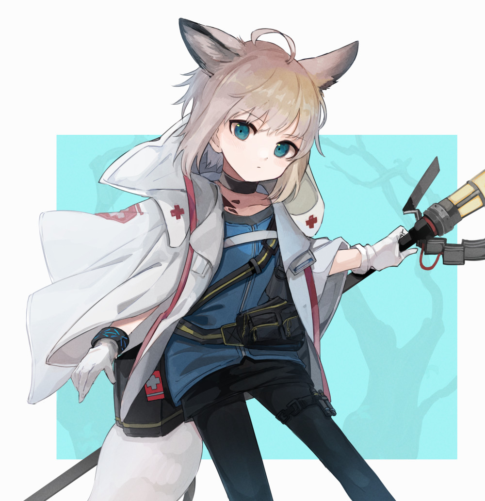 1girl ahoge animal_ears arknights black_choker black_legwear black_skirt blue_eyes blue_shirt bracelet brown_hair choker commentary extra_ears fox_ears holding holding_staff infection_monitor_(arknights) jacket jewelry looking_at_viewer open_clothes open_jacket oripathy_lesion_(arknights) pantyhose pouch shimasato shirt short_hair skirt solo staff sussurro_(arknights) thigh_strap white_jacket