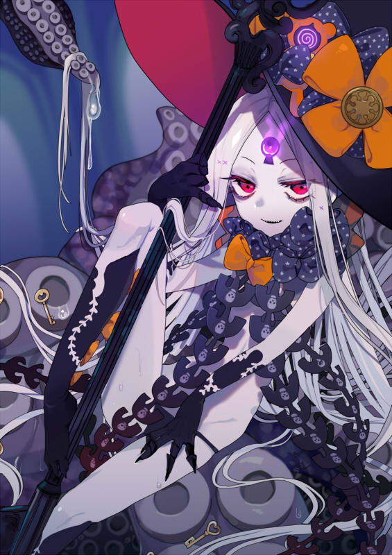 1girl abigail_williams_(fate) black_panties bow colored_skin commentary commission fate/grand_order fate_(series) fua_yuu glowing glowing_eyes hat hat_bow holding holding_key key keyhole light_purple_hair looking_at_viewer lowleg lowleg_panties oversized_object panties purple_skin red_eyes ribbon skeb_commission skinny smile solo tentacles underwear witch_hat