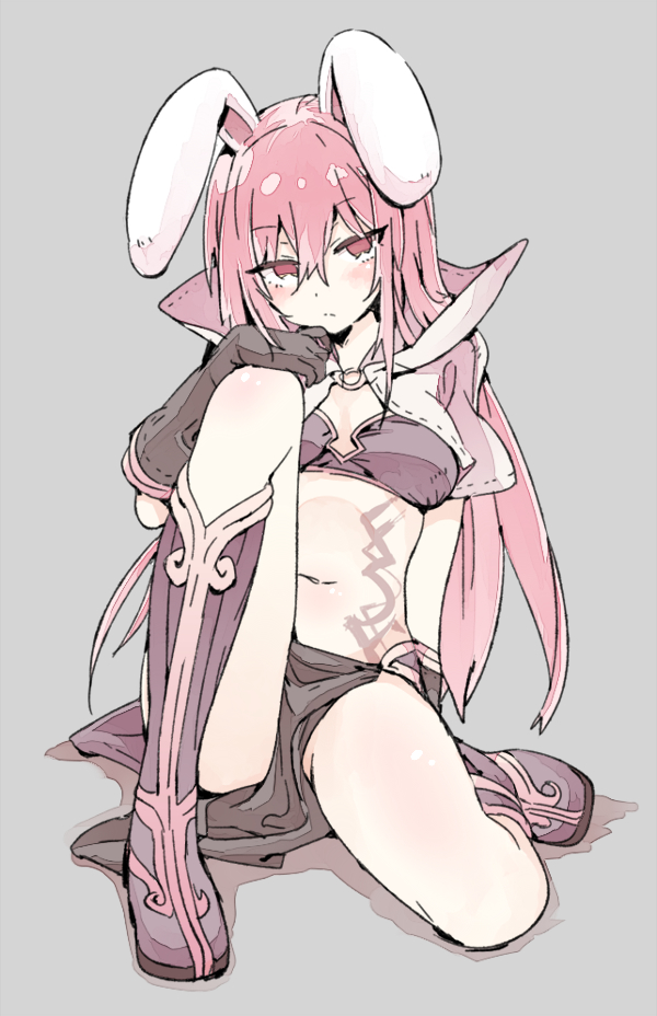 1girl animal_ears arutopian bangs blush boots bra brown_bra brown_footwear brown_gloves capelet closed_mouth commentary_request eyebrows_visible_through_hair full_body gloves grey_background hair_between_eyes high_collar looking_at_viewer mage_(ragnarok_online) navel pelvic_curtain pink_eyes pink_hair rabbit_ears ragnarok_online shiny shiny_hair simple_background sitting solo underwear white_capelet