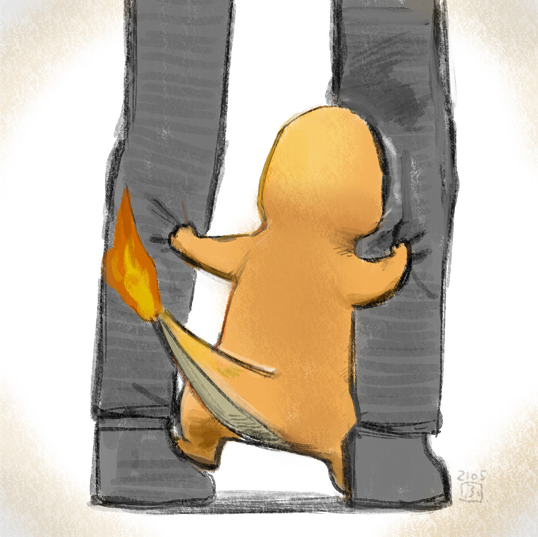 1other charmander commentary_request fire flame from_behind fumuna gen_1_pokemon grey_footwear grey_pants holding pants pokemon pokemon_(creature) shoes sketch standing starter_pokemon