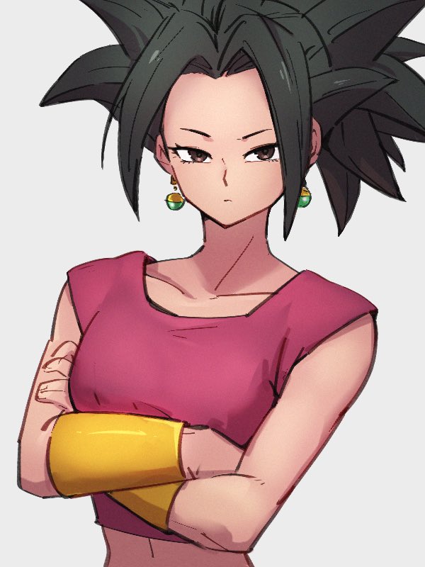 1girl black_hair brown_eyes closed_mouth collarbone crossed_arms dragon_ball dragon_ball_super earrings grey_background jewelry kale_(dragon_ball) kemachiku looking_at_viewer potara_earrings short_hair simple_background solo upper_body