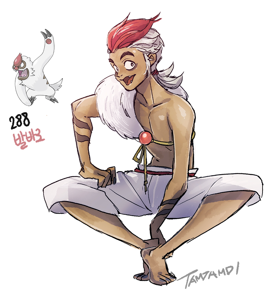 1boy :d artist_name dark-skinned_male dark_skin fangs gen_3_pokemon long_hair looking_at_viewer navel number open_mouth personification pokedex_number pokemon redhead simple_background sitting smile solo tamtamdi toned vigoroth white_background white_hair