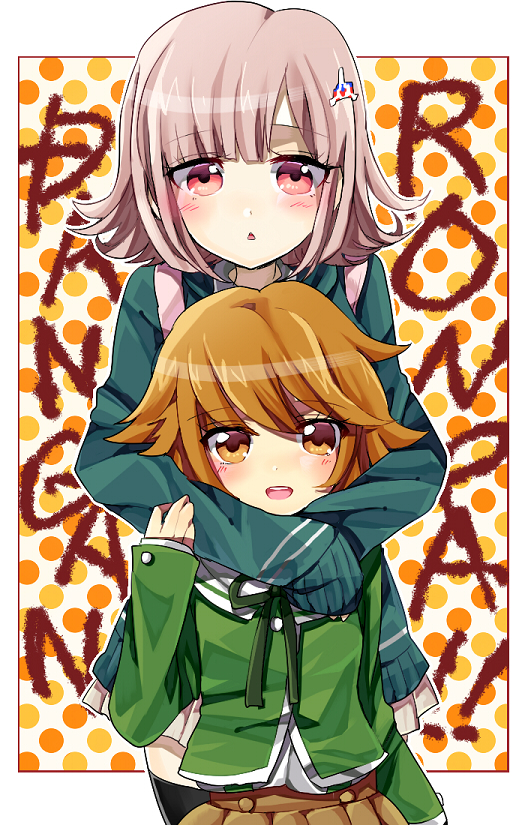 1boy 1girl :d backpack bag bangs black_legwear blush brown_eyes brown_hair brown_skirt copyright_name dangan_ronpa:_trigger_happy_havoc dangan_ronpa_(series) dangan_ronpa_2:_goodbye_despair eyebrows_visible_through_hair fujisaki_chihiro green_jacket green_ribbon hair_ornament hairclip height_difference hood hug jacket light_brown_hair looking_at_viewer medium_hair nanami_chiaki open_mouth pink_eyes pink_hair pleated_skirt polka_dot polka_dot_background ribbon school_uniform skirt smile spaceship_hair_ornament suurin_(ksyaro) upper_teeth