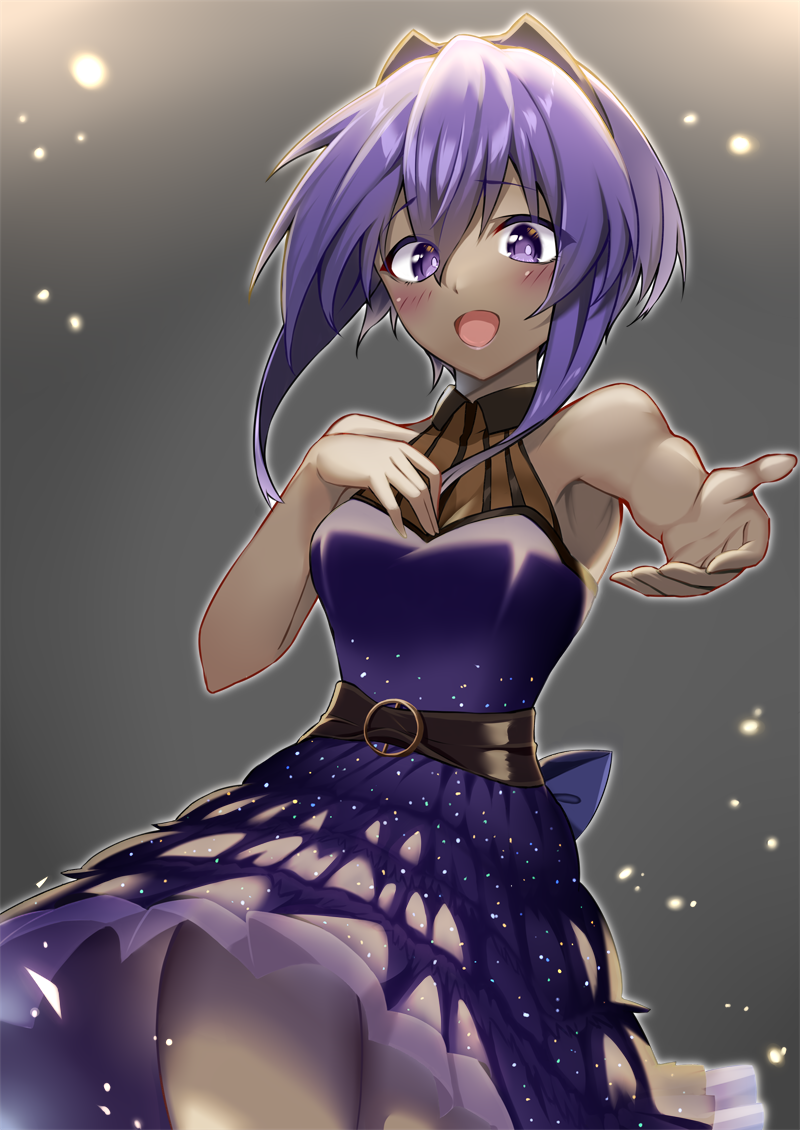 1girl :d bare_shoulders black_hairband blush breasts commentary_request dark-skinned_female dark_skin dress fate/grand_order fate_(series) hairband hassan_of_serenity_(fate) long_dress medium_breasts mizumok1 open_mouth outstretched_hand purple_dress purple_hair short_hair smile solo violet_eyes