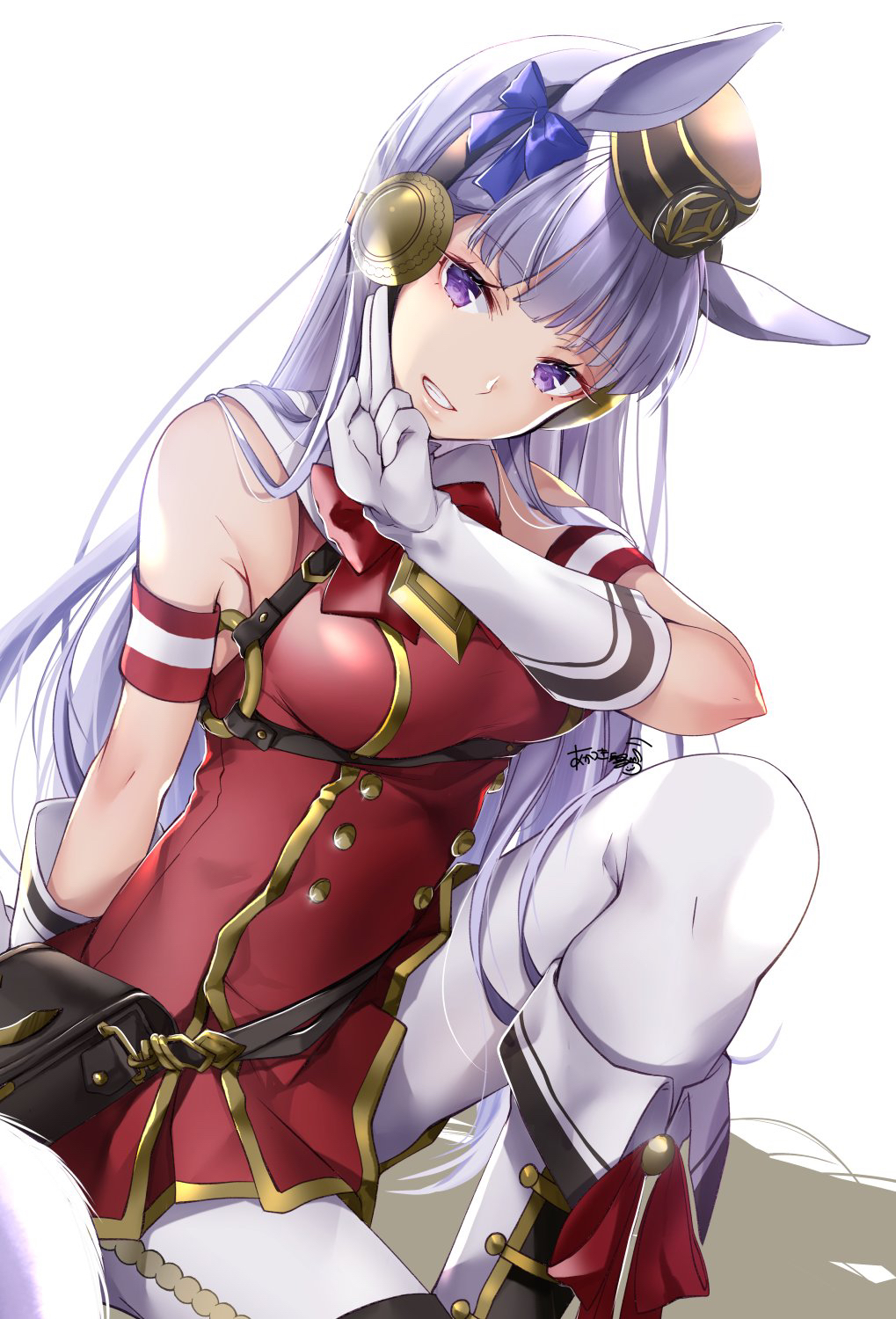 1girl akatsuki_hijiri animal_ears artist_name belt belt_pouch black_belt boots buttons dress eyebrows_visible_through_hair gloves gold_ship_(umamusume) hat highres horse_ears horse_girl horse_tail knee_boots long_hair mini_hat pantyhose pillbox_hat pouch red_dress signature silver_hair simple_background solo tail umamusume violet_eyes white_background white_gloves white_legwear