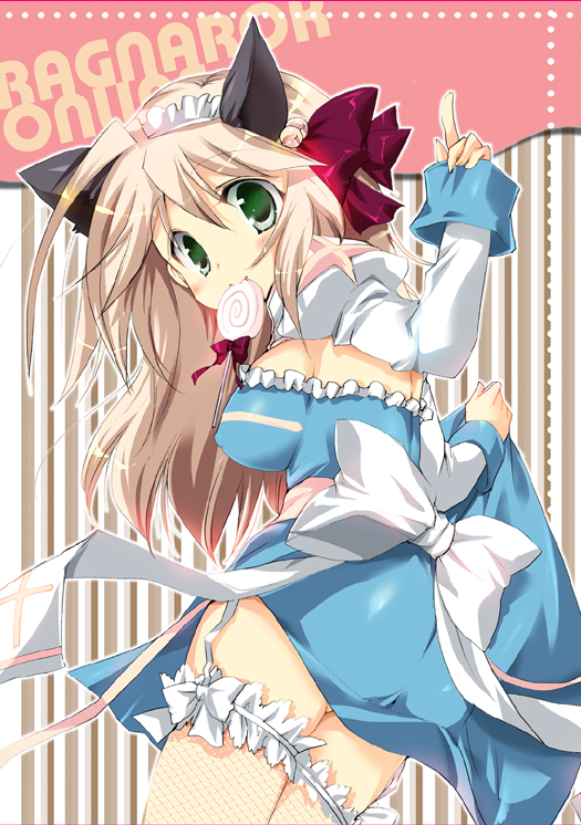1girl animal_ears archbishop_(ragnarok_online) bangs blonde_hair blue_dress blush bow breasts candy closed_mouth commentary_request cover cover_page covered_nipples cowboy_shot doujin_cover dress eyebrows_visible_through_hair fishnet_legwear fishnets food fujii_rino garter_straps green_eyes hair_between_eyes hair_bow headdress juliet_sleeves large_breasts lollipop long_hair long_sleeves looking_at_viewer looking_back puffy_sleeves ragnarok_online red_bow smile solo striped striped_background thigh-highs white_bow white_legwear