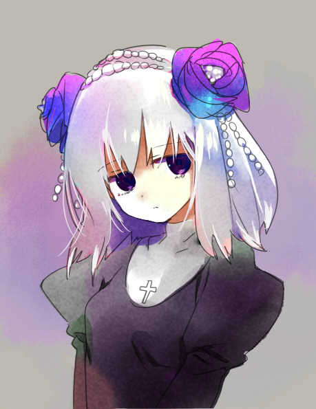 1girl arutopian bangs black_dress closed_mouth commentary_request cross dress eyebrows_visible_through_hair flower hair_flower hair_ornament juliet_sleeves long_sleeves looking_at_viewer medium_hair priest_(ragnarok_online) puffy_sleeves purple_flower ragnarok_online solo upper_body violet_eyes white_hair