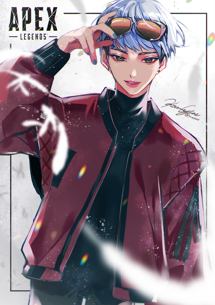 1girl apex_legends black_pants black_sweater blue_nails bomber_jacket copyright_name eyewear_on_head grey_hair jacket logo looking_at_viewer pants parted_lips red_jacket short_hair signature smirk solo sunglasses sweater turtleneck turtleneck_sweater valkyrie_(apex_legends) wako_(level5)