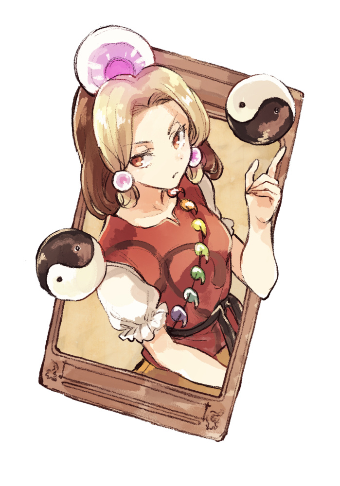 1girl blonde_hair dress earrings eyebrows_visible_through_hair hand_up hisona_(suaritesumi) jewelry orb red_dress red_eyes short_hair short_sleeves simple_background solo tamatsukuri_misumaru touhou unconnected_marketeers white_background white_sleeves yin_yang yin_yang_orb