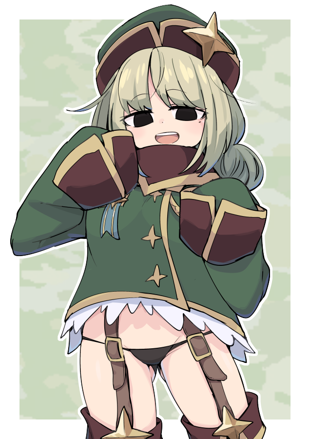 1girl aiguillette araga_kiwi bangs black_eyes black_panties blonde_hair boots camouflage_background coat cowboy_shot double_bun empty_eyes eyebrows_visible_through_hair garter_straps green_coat green_headwear hat long_sleeves mahou_shoujo_ni_akogarete makuraha medal military_coat military_hat mole mole_under_eye no_pants open_mouth panties sleeve_cuffs sleeves_past_fingers sleeves_past_wrists solo standing thigh-highs thigh_boots underwear